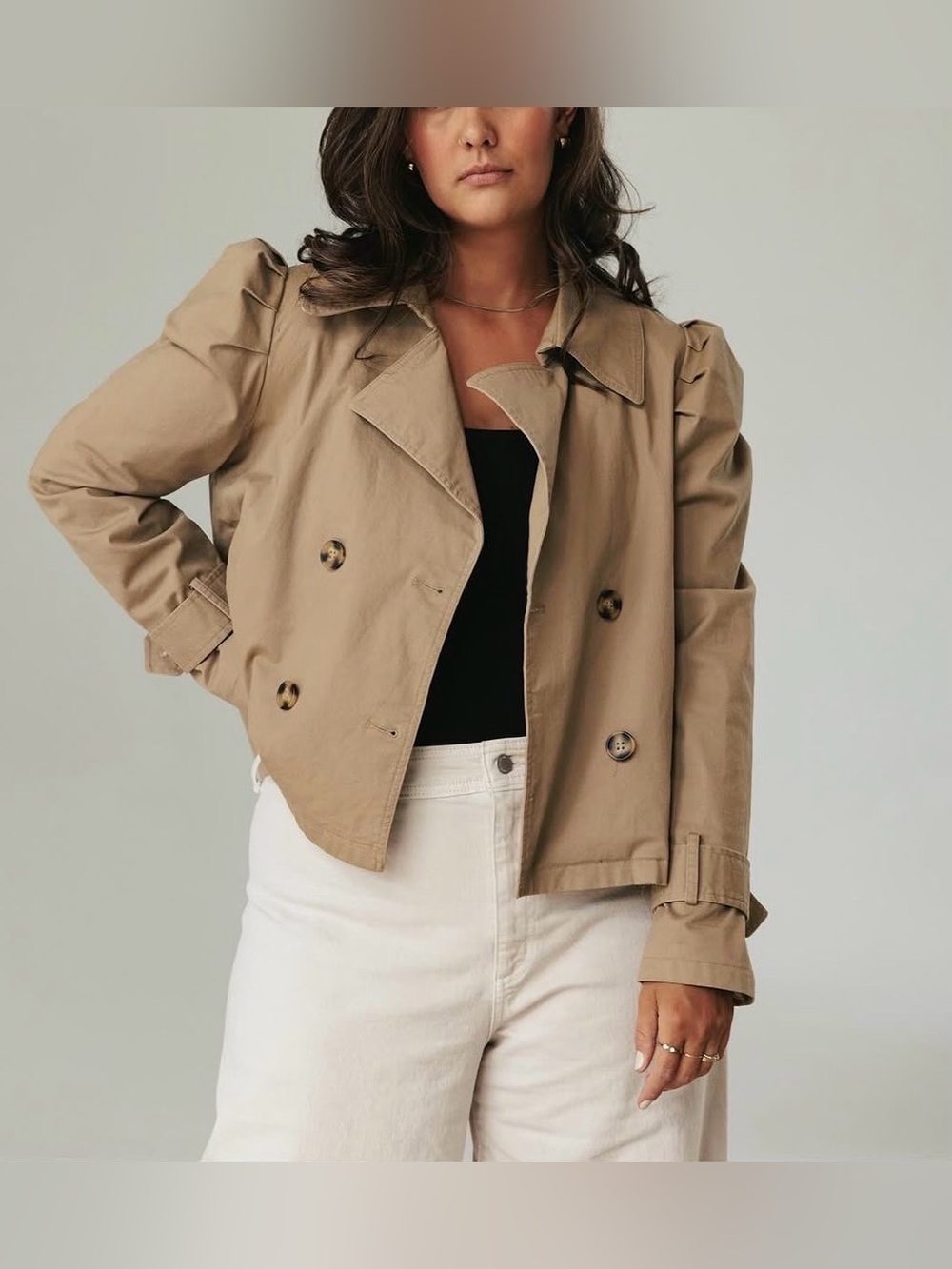 Avec Les Filles Puff Shoulder Crop Double Breasted Jacket Tan Trench Coat Large